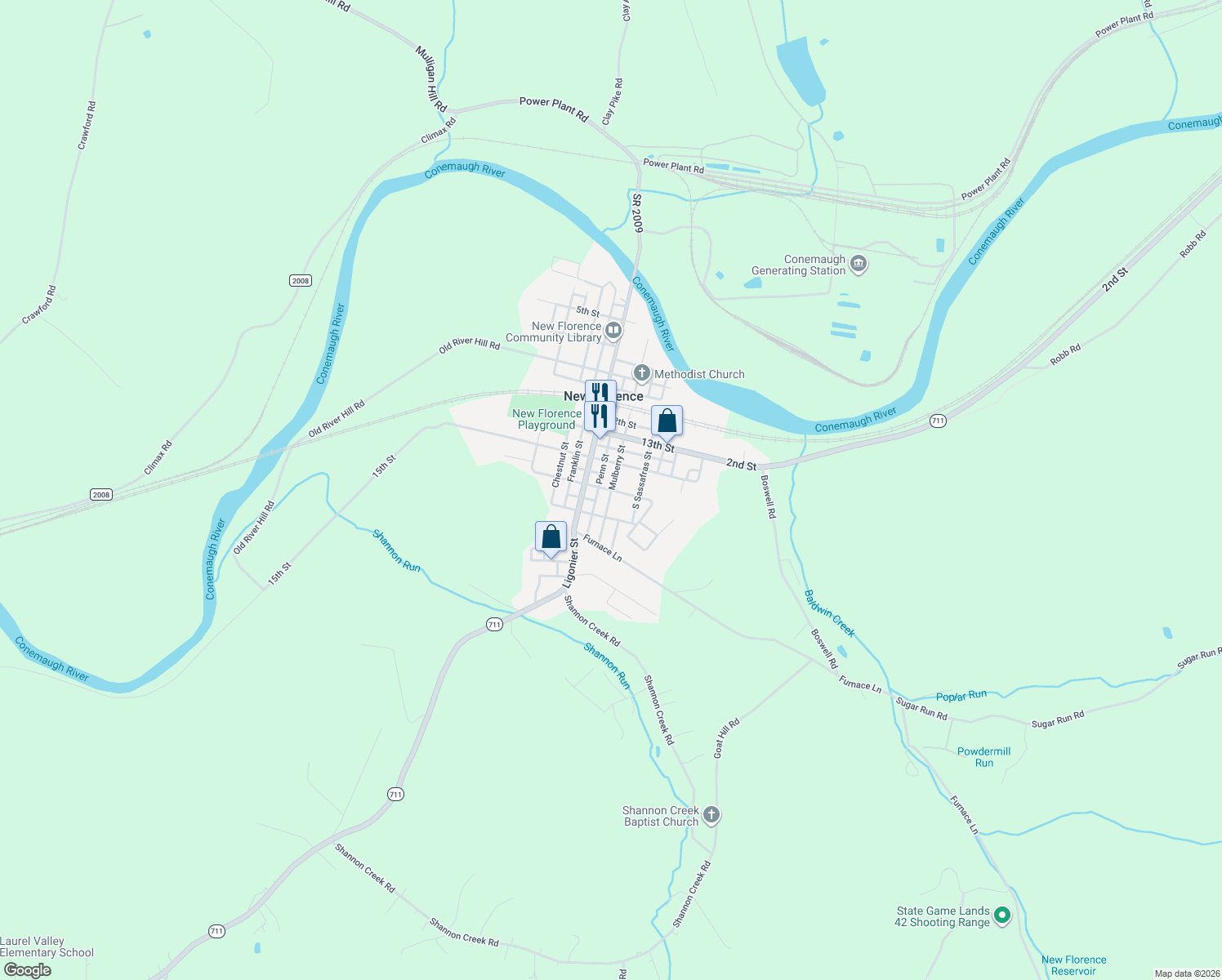 map of restaurants, bars, coffee shops, grocery stores, and more near 207 17th Street in New Florence