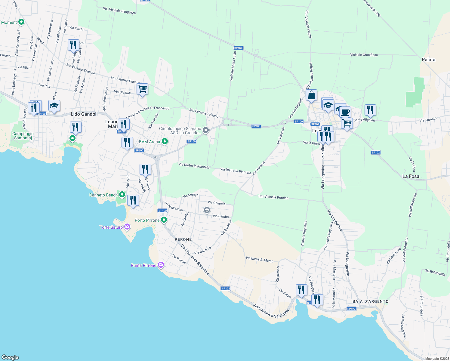 map of restaurants, bars, coffee shops, grocery stores, and more near 84 Via Pescara in Leporano Marina