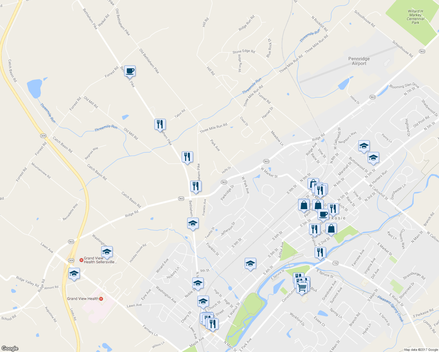 map of restaurants, bars, coffee shops, grocery stores, and more near 1402 Holly Drive in Perkasie
