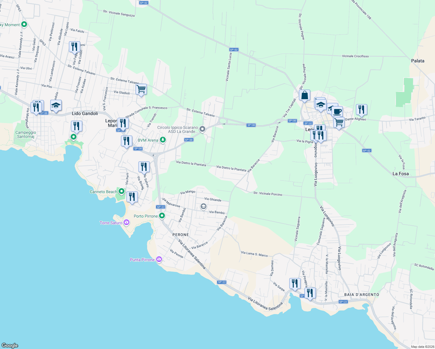 map of restaurants, bars, coffee shops, grocery stores, and more near 84 Via Pescara in Leporano Marina