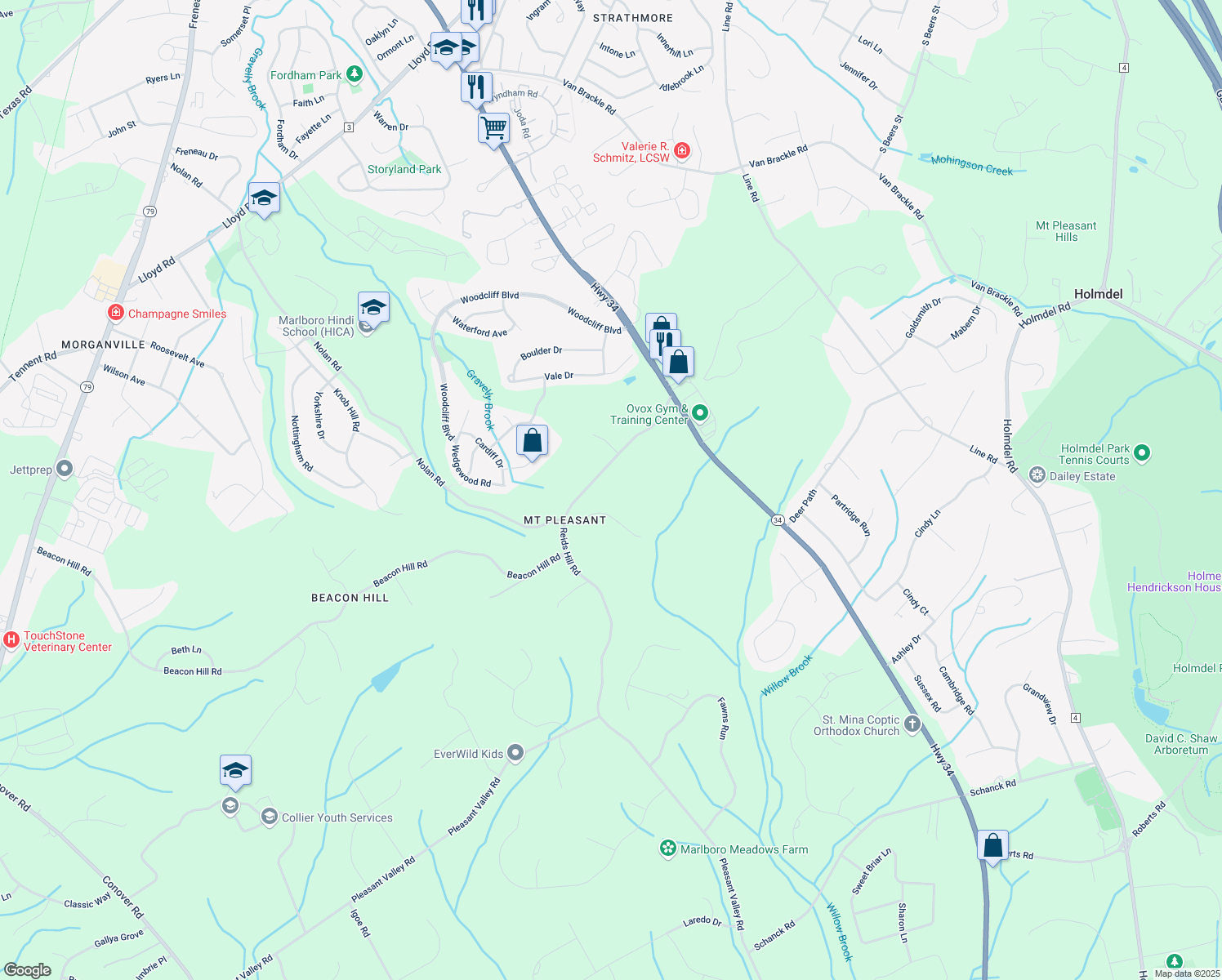 map of restaurants, bars, coffee shops, grocery stores, and more near 32 Reids Hill Road in Marlboro