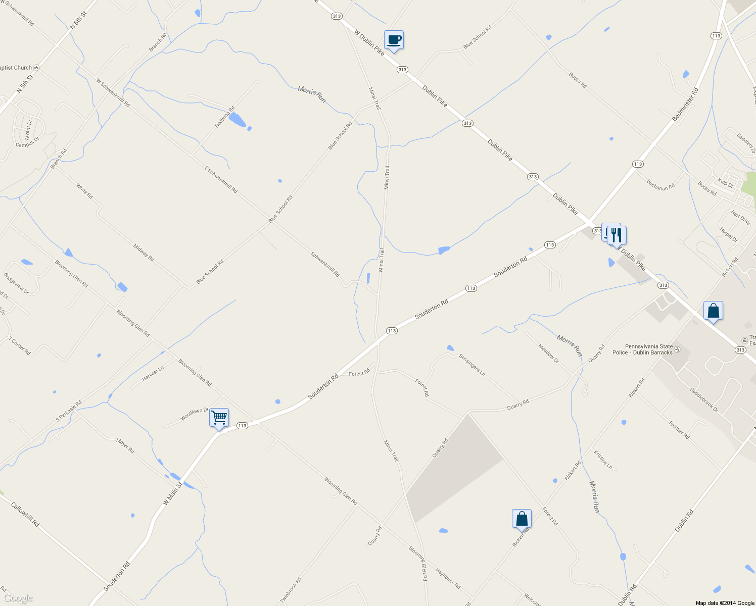 map of restaurants, bars, coffee shops, grocery stores, and more near 920 Minsi Trail in Perkasie