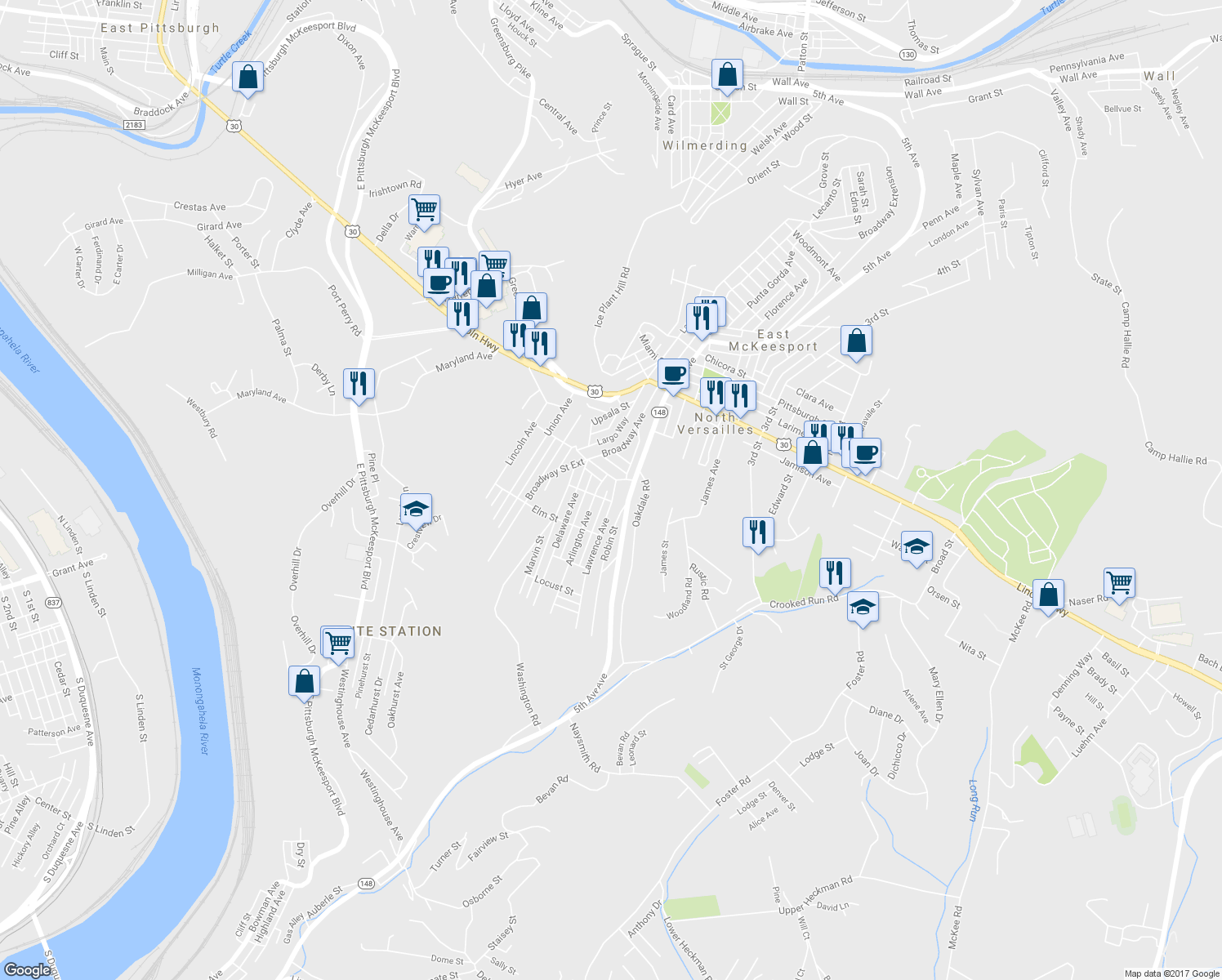 map of restaurants, bars, coffee shops, grocery stores, and more near 116 Lawrence Ave in North Versailles