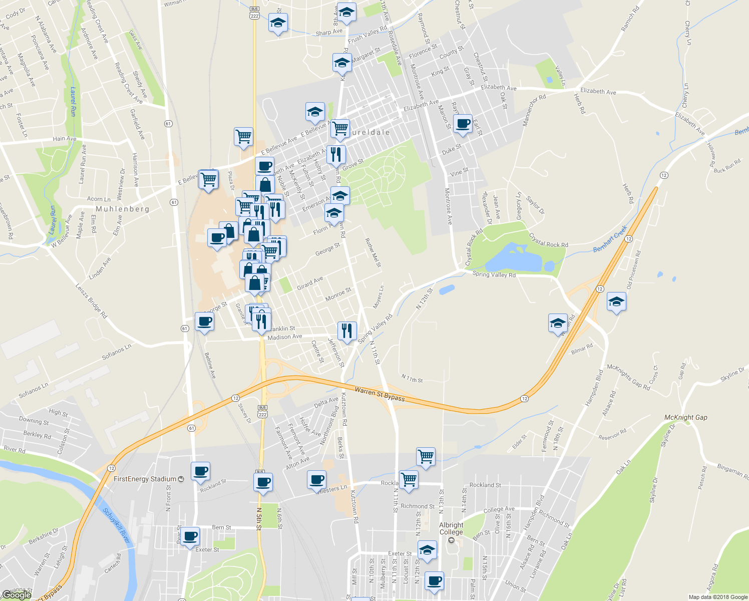 map of restaurants, bars, coffee shops, grocery stores, and more near 2812 Moyers Ln in Reading