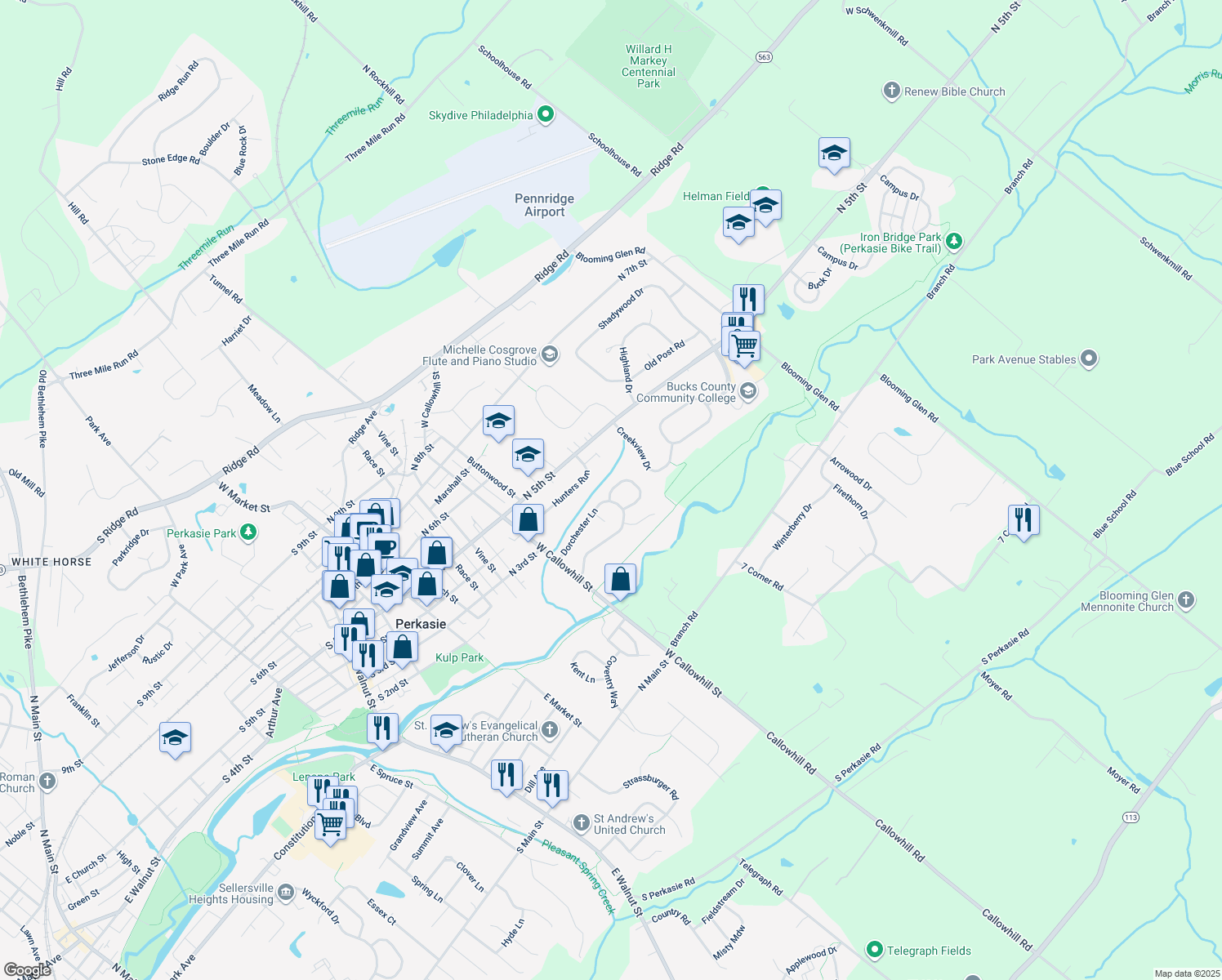 map of restaurants, bars, coffee shops, grocery stores, and more near 514 Waltham Lane in Perkasie