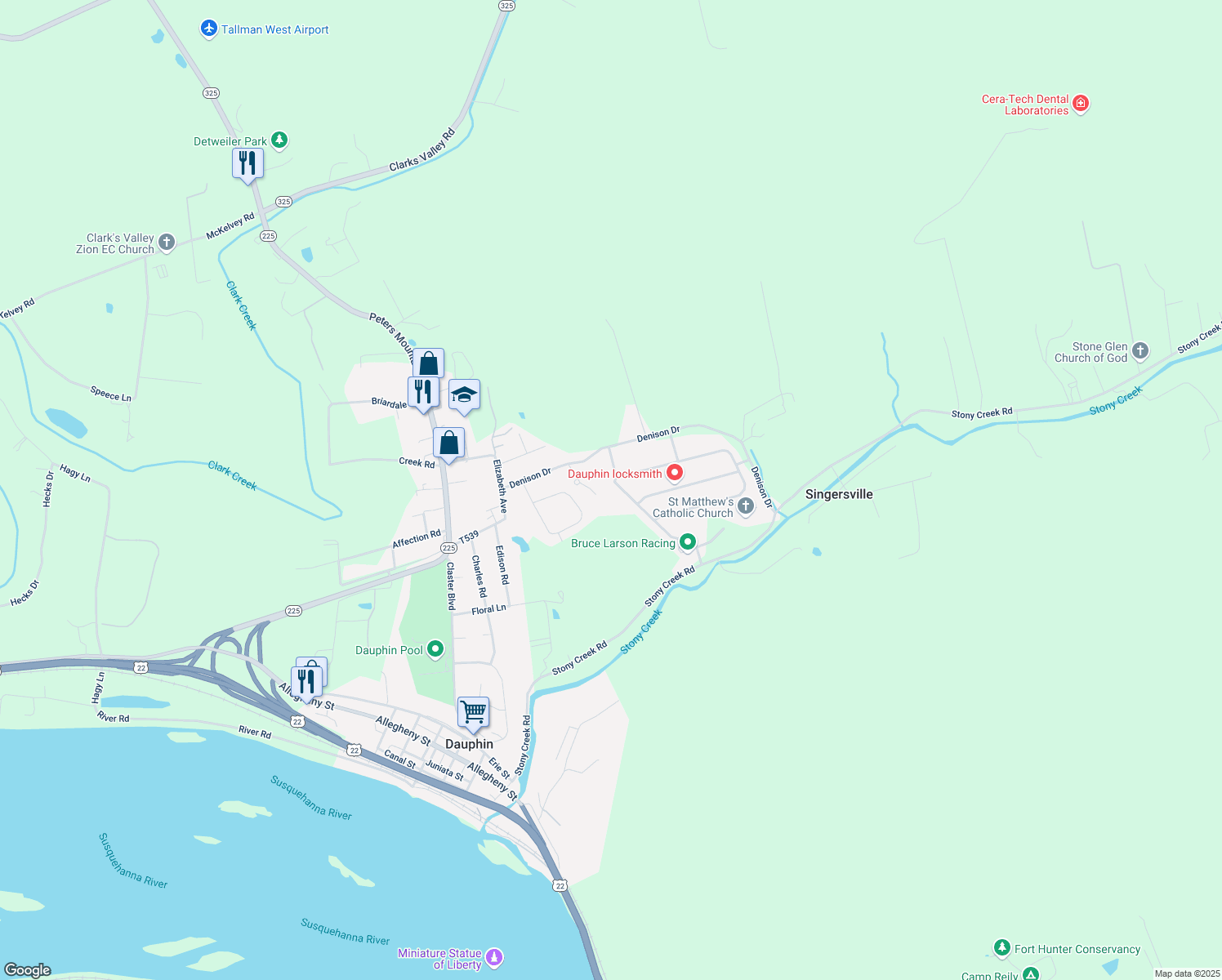 map of restaurants, bars, coffee shops, grocery stores, and more near 832 Stoney Creek Drive in Dauphin