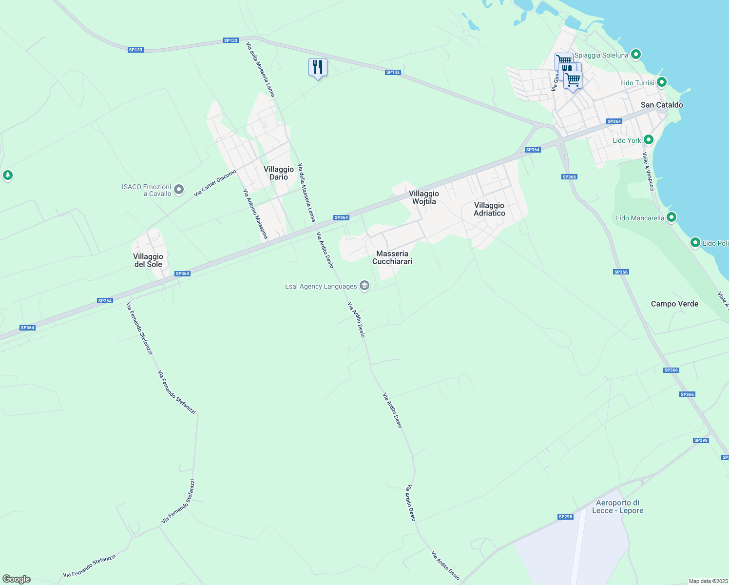 map of restaurants, bars, coffee shops, grocery stores, and more near 7b Via Pancaldo Leone in Provincia di Lecce