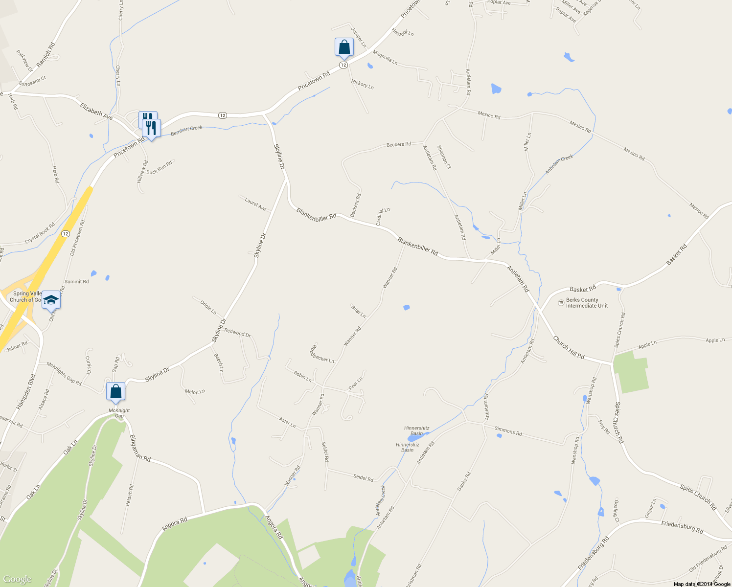 map of restaurants, bars, coffee shops, grocery stores, and more near 167 Wanner Road in Reading