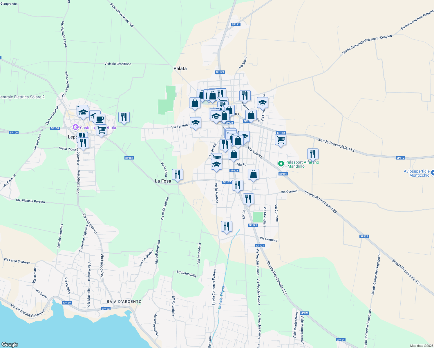 map of restaurants, bars, coffee shops, grocery stores, and more near 16 Via Bradano in Pulsano
