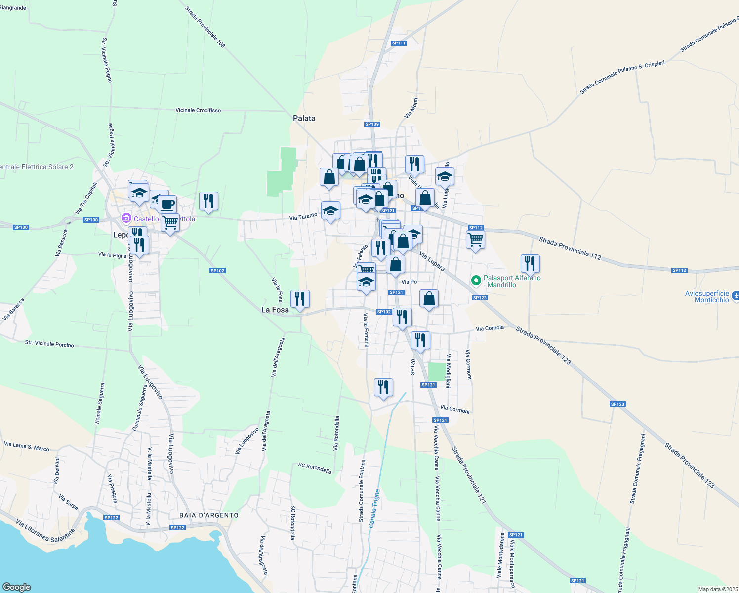 map of restaurants, bars, coffee shops, grocery stores, and more near 16 Via Bradano in Pulsano