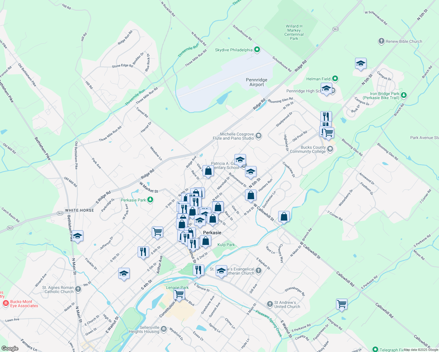 map of restaurants, bars, coffee shops, grocery stores, and more near 401 N 7th St in Perkasie