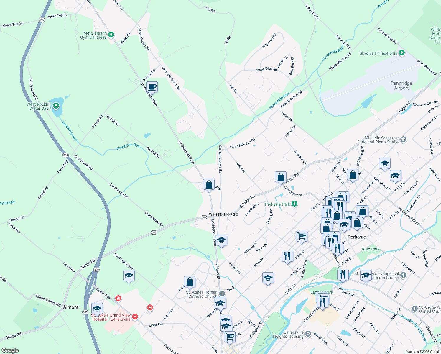 map of restaurants, bars, coffee shops, grocery stores, and more near 1319 Old Bethlehem Pike in Sellersville