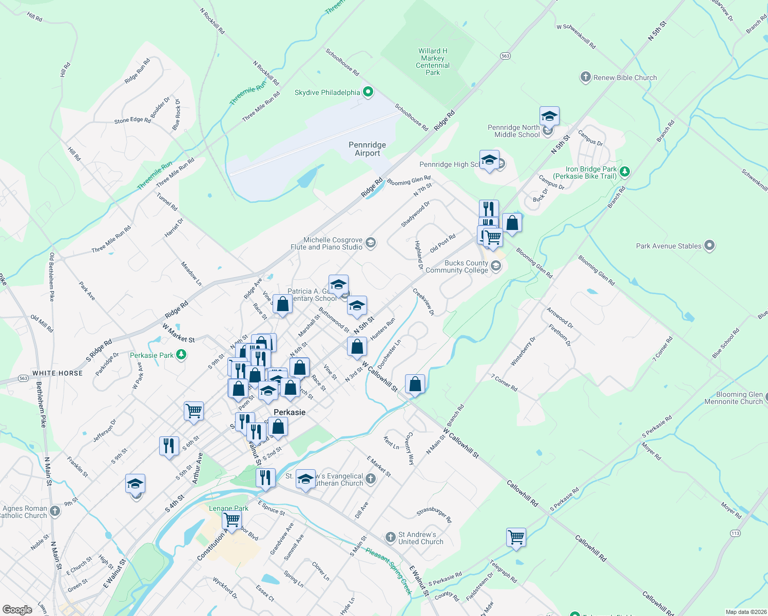 map of restaurants, bars, coffee shops, grocery stores, and more near 705 North 5th Street in Perkasie