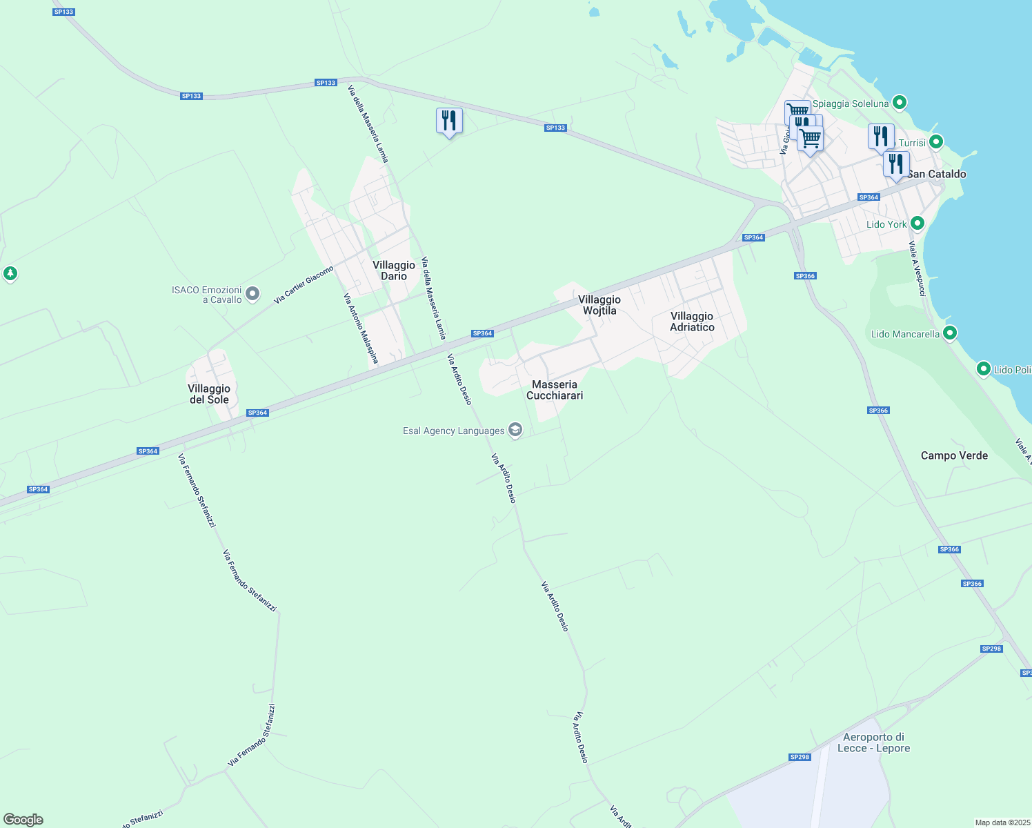 map of restaurants, bars, coffee shops, grocery stores, and more near 7b Via Pancaldo Leone in Provincia di Lecce