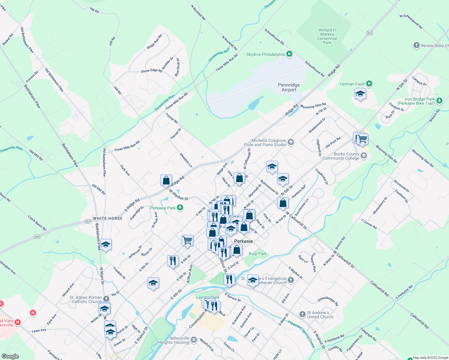 map of restaurants, bars, coffee shops, grocery stores, and more near 1000 Race Street in Perkasie