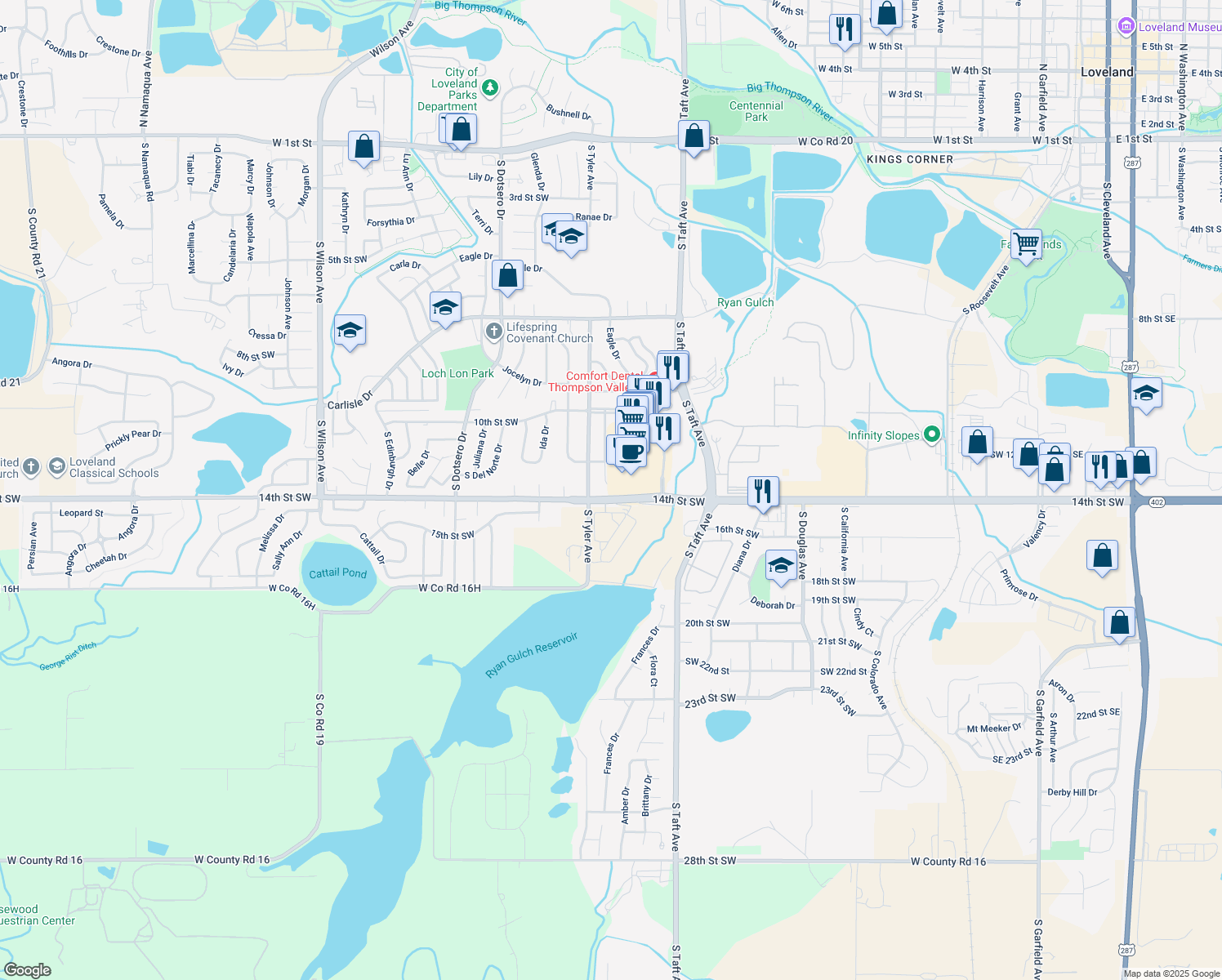 map of restaurants, bars, coffee shops, grocery stores, and more near 1370 Lavender Ave in Loveland
