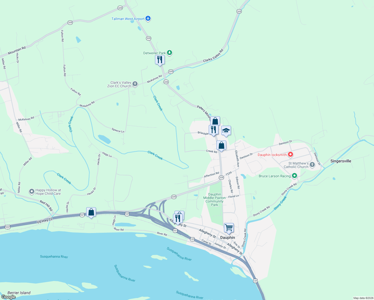 map of restaurants, bars, coffee shops, grocery stores, and more near 71 McElwee Rd in Dauphin