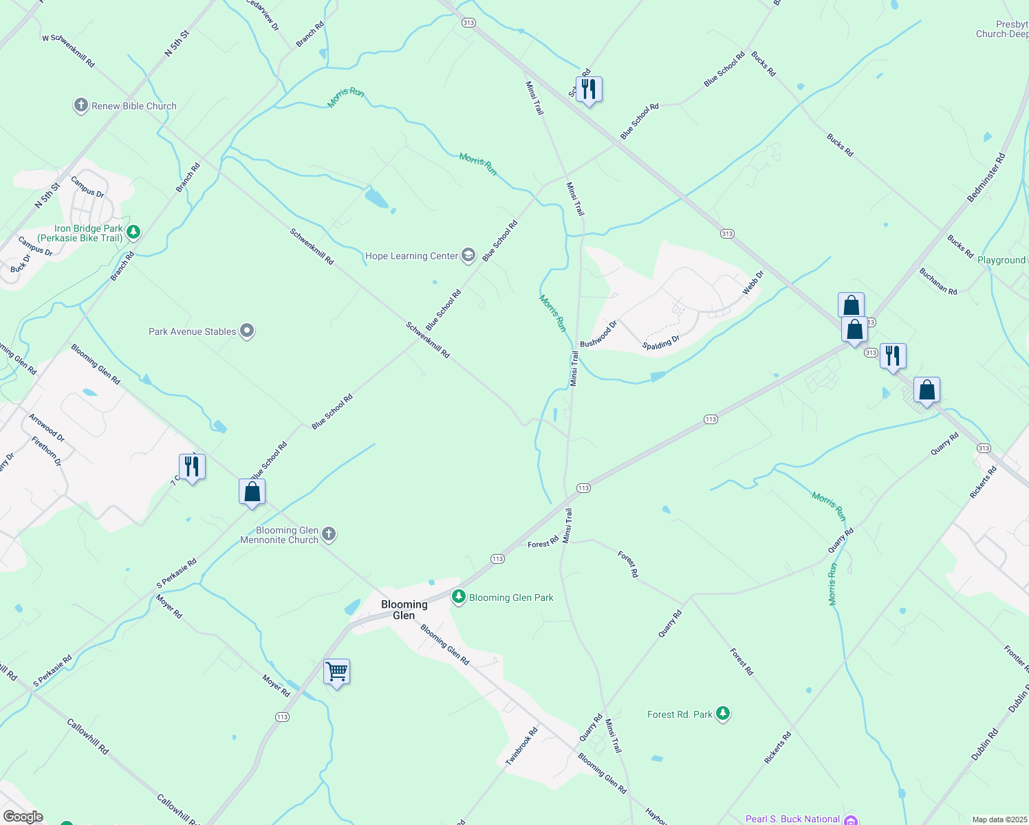 map of restaurants, bars, coffee shops, grocery stores, and more near 614 Schwenkmill Road in Perkasie