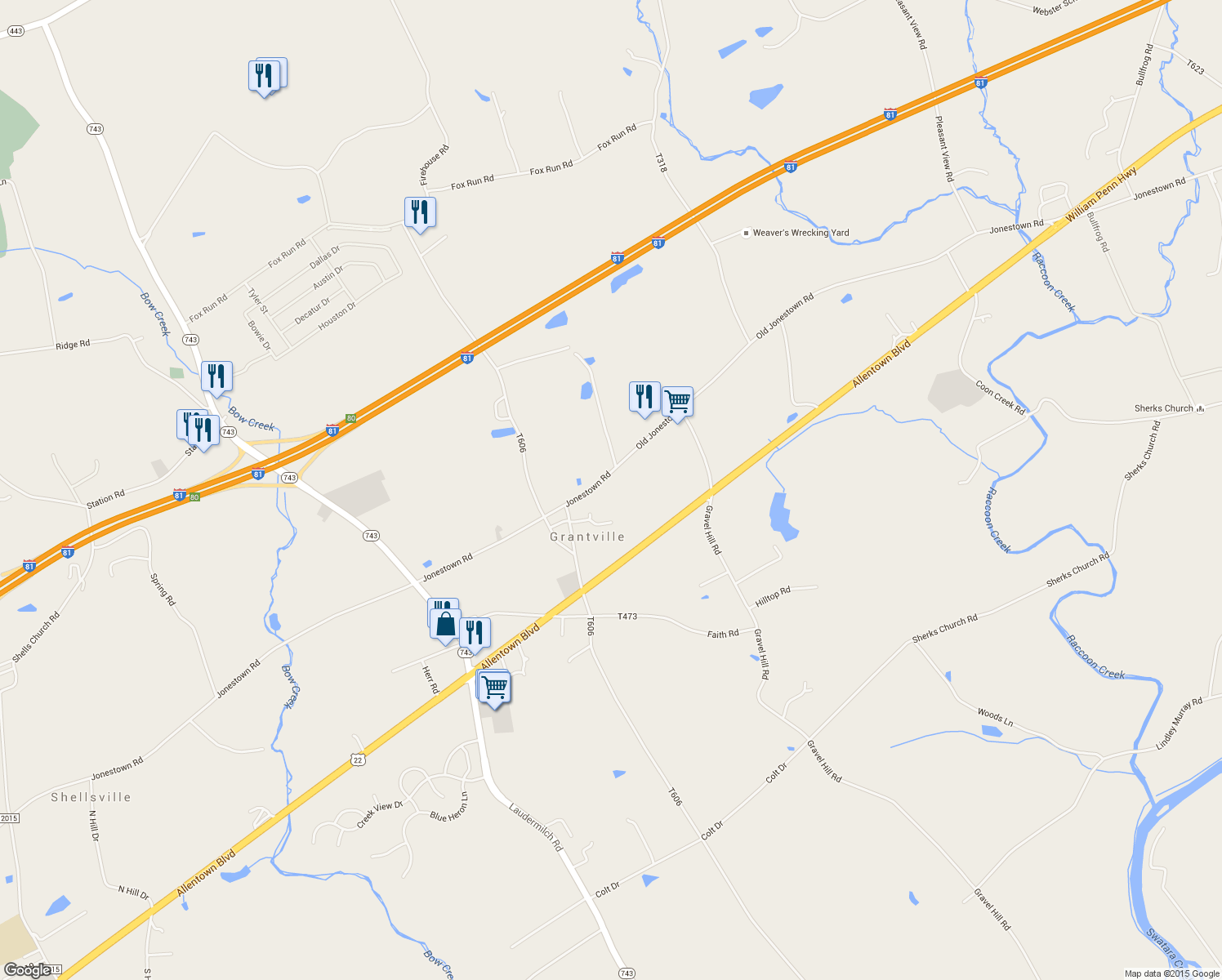 map of restaurants, bars, coffee shops, grocery stores, and more near 10033 Jonestown Rd in Grantville