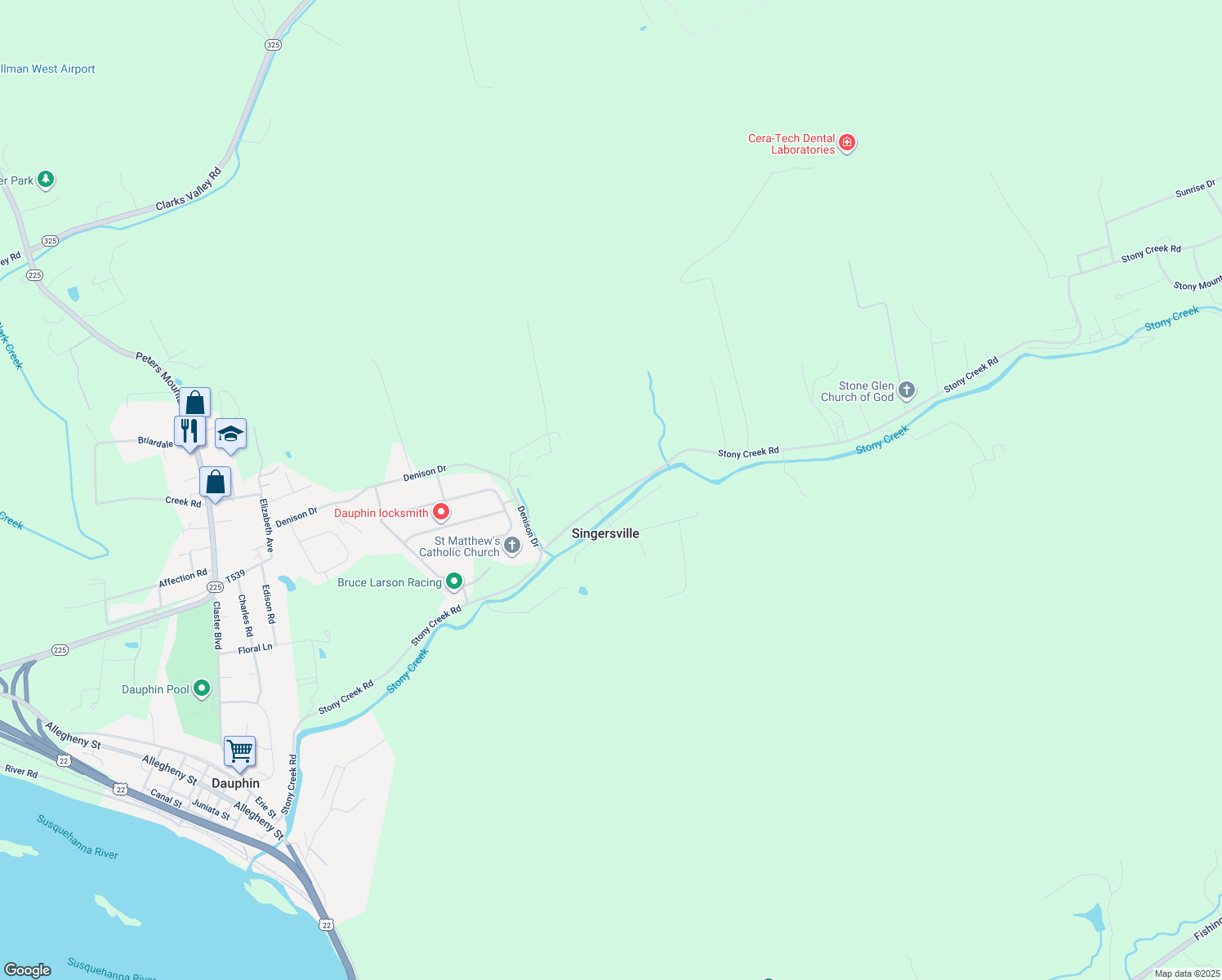 map of restaurants, bars, coffee shops, grocery stores, and more near 610 Stony Creek Road in Dauphin