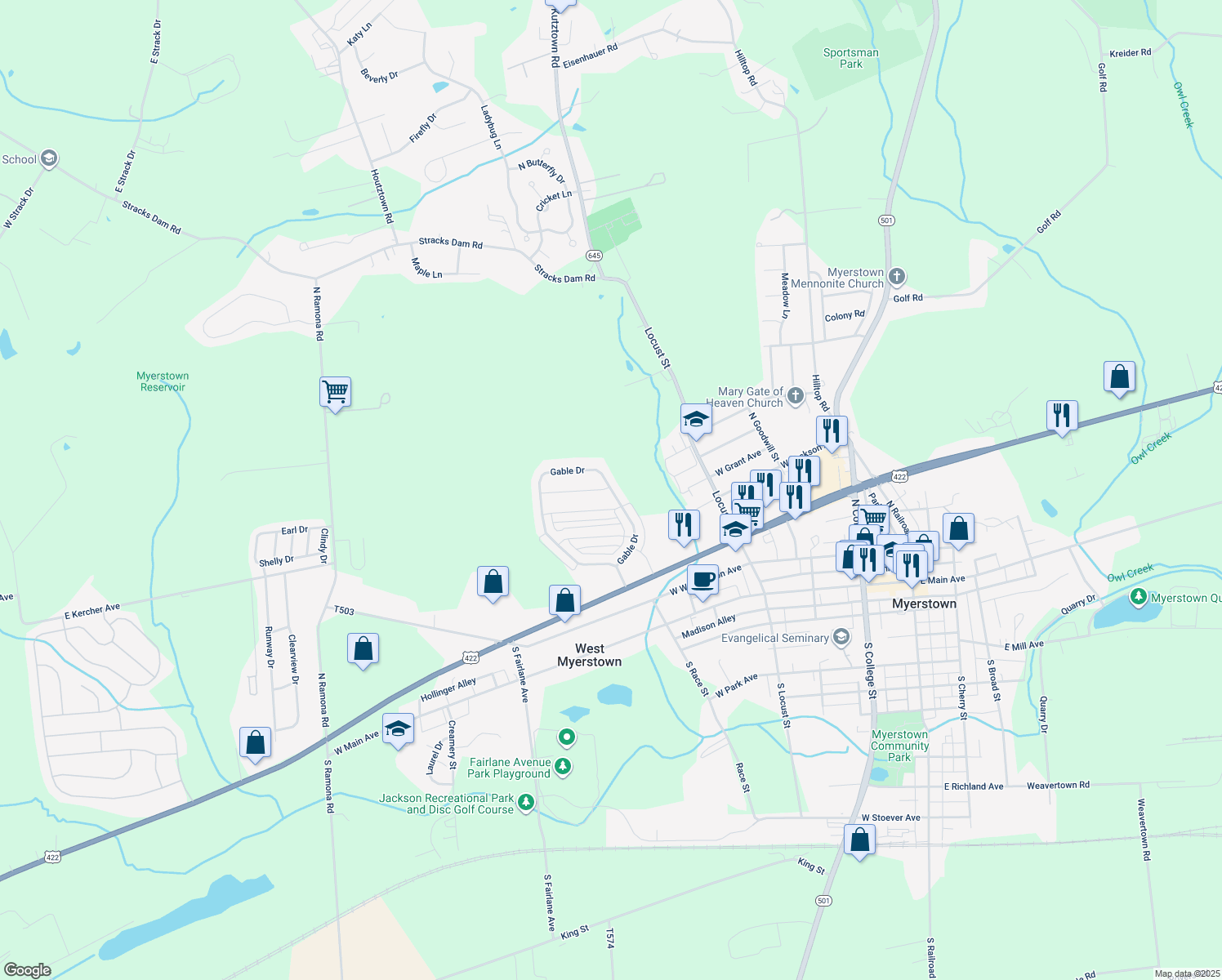 map of restaurants, bars, coffee shops, grocery stores, and more near 118 Gable Drive in Myerstown