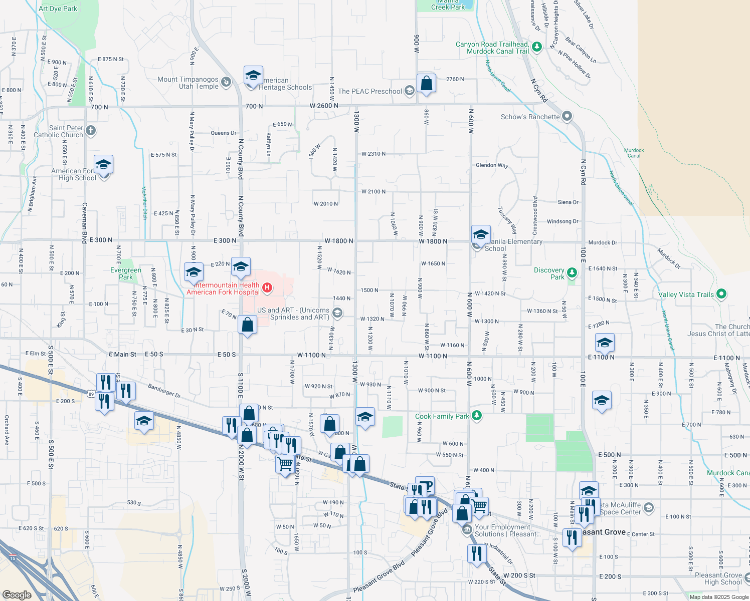 map of restaurants, bars, coffee shops, grocery stores, and more near 1427 Narra Place in Pleasant Grove