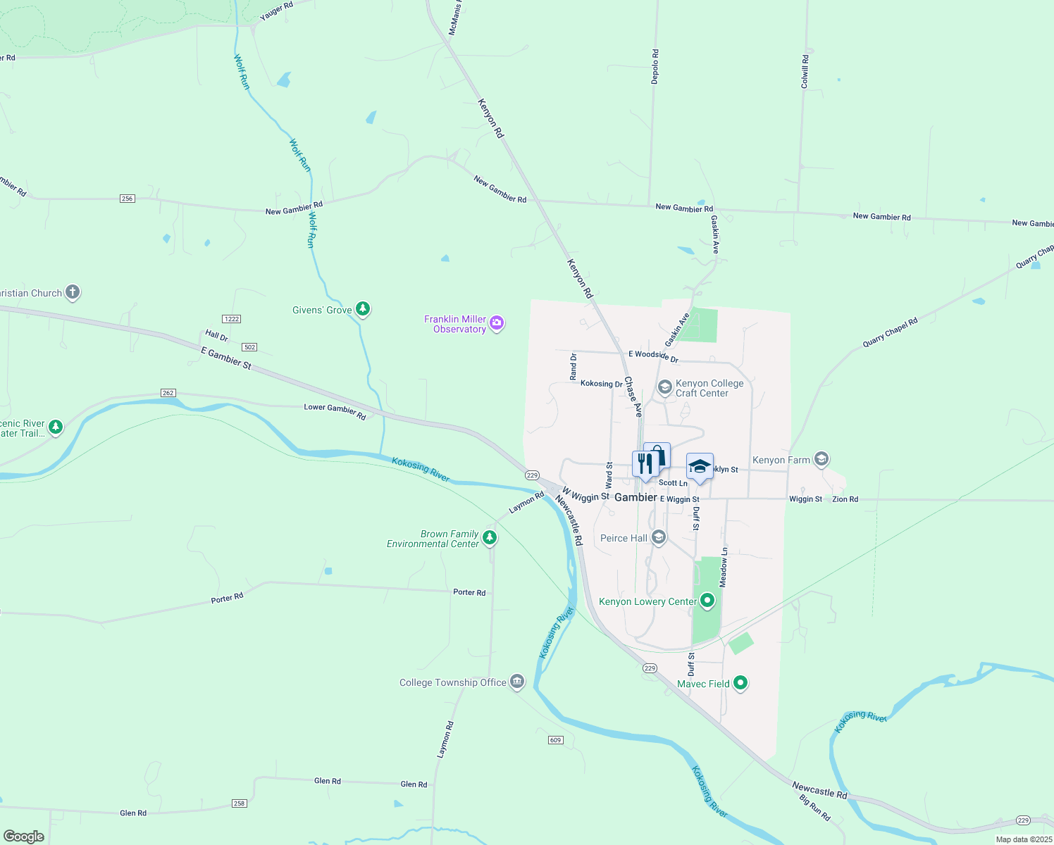map of restaurants, bars, coffee shops, grocery stores, and more near 214 Kokosing Dr in Gambier