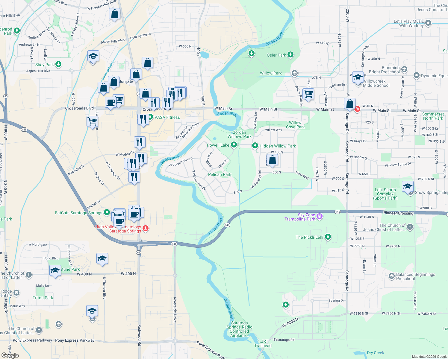 map of restaurants, bars, coffee shops, grocery stores, and more near 3442 West Willow Trail Loop in Lehi