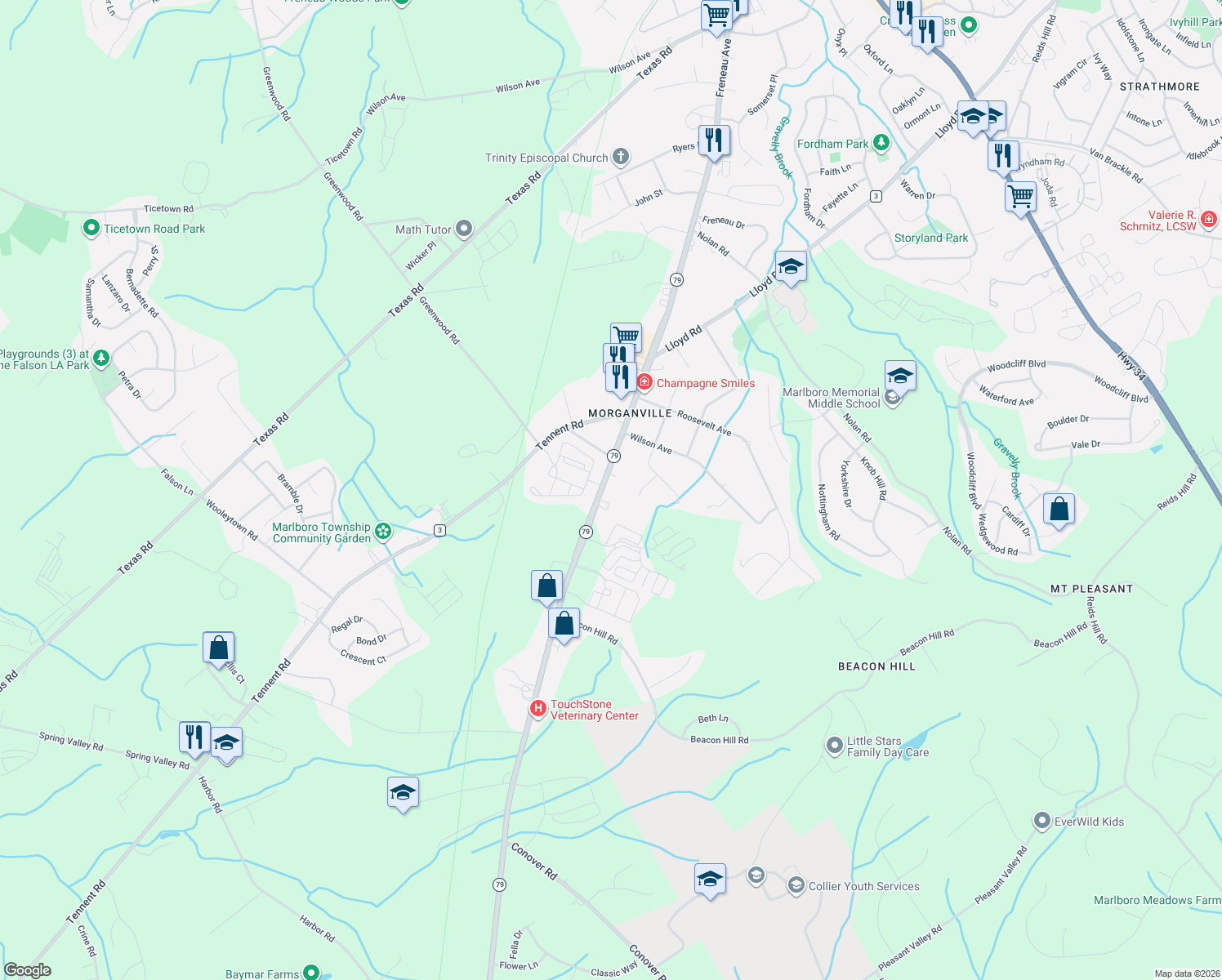 map of restaurants, bars, coffee shops, grocery stores, and more near 450 Highway 79 in Marlboro Township