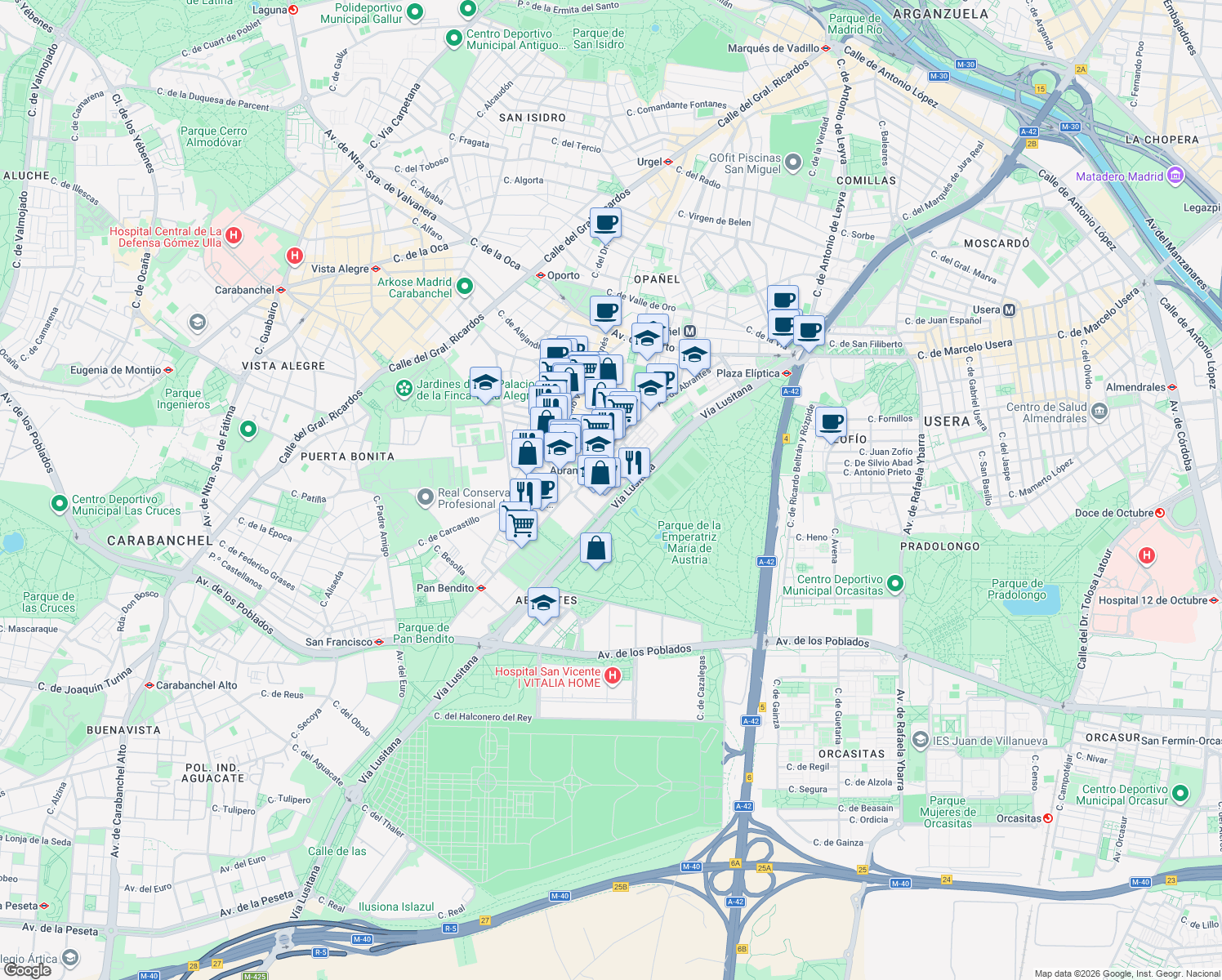 map of restaurants, bars, coffee shops, grocery stores, and more near 68 Vía Lusitana in Madrid