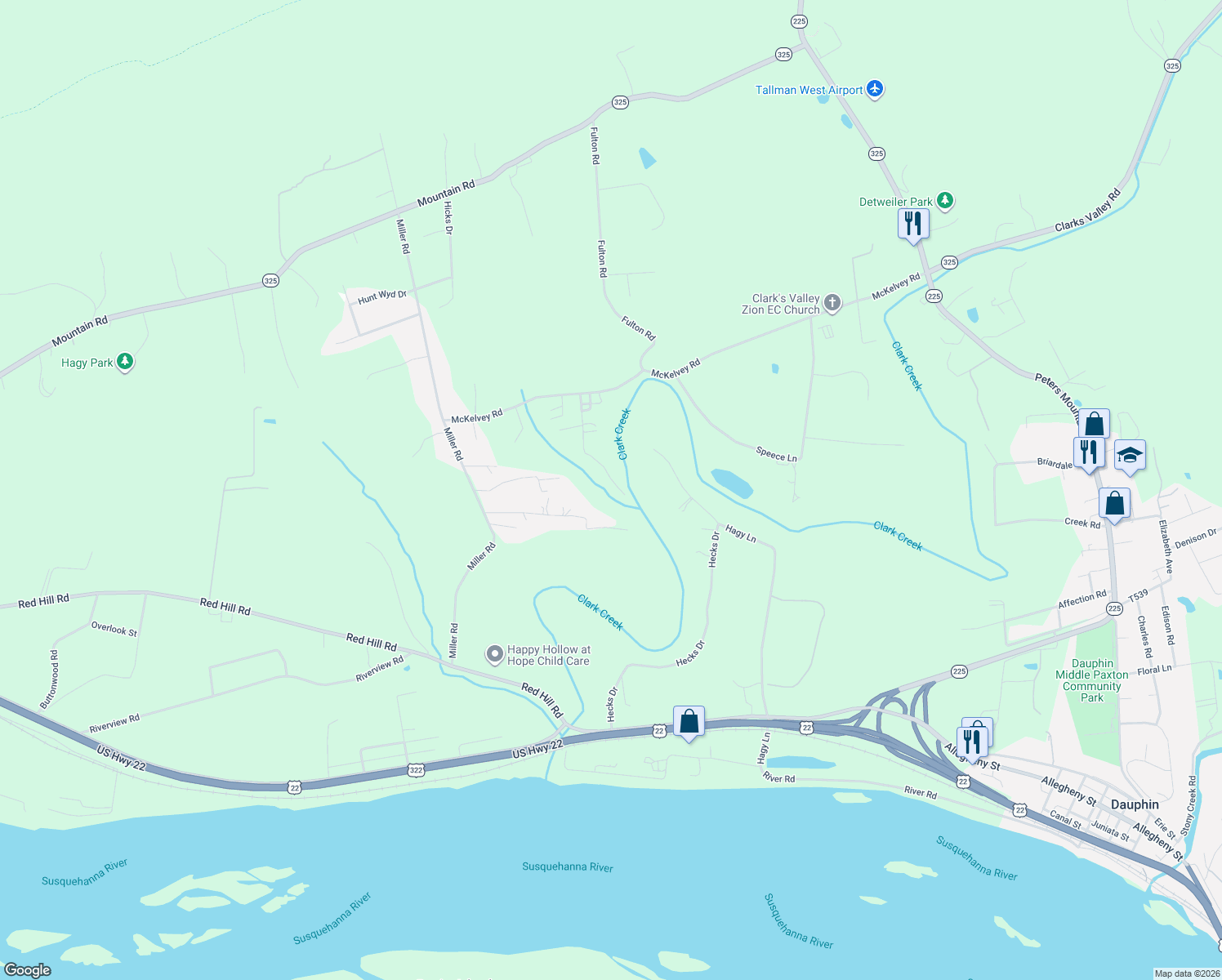 map of restaurants, bars, coffee shops, grocery stores, and more near 13700 Lyter Road in Dauphin