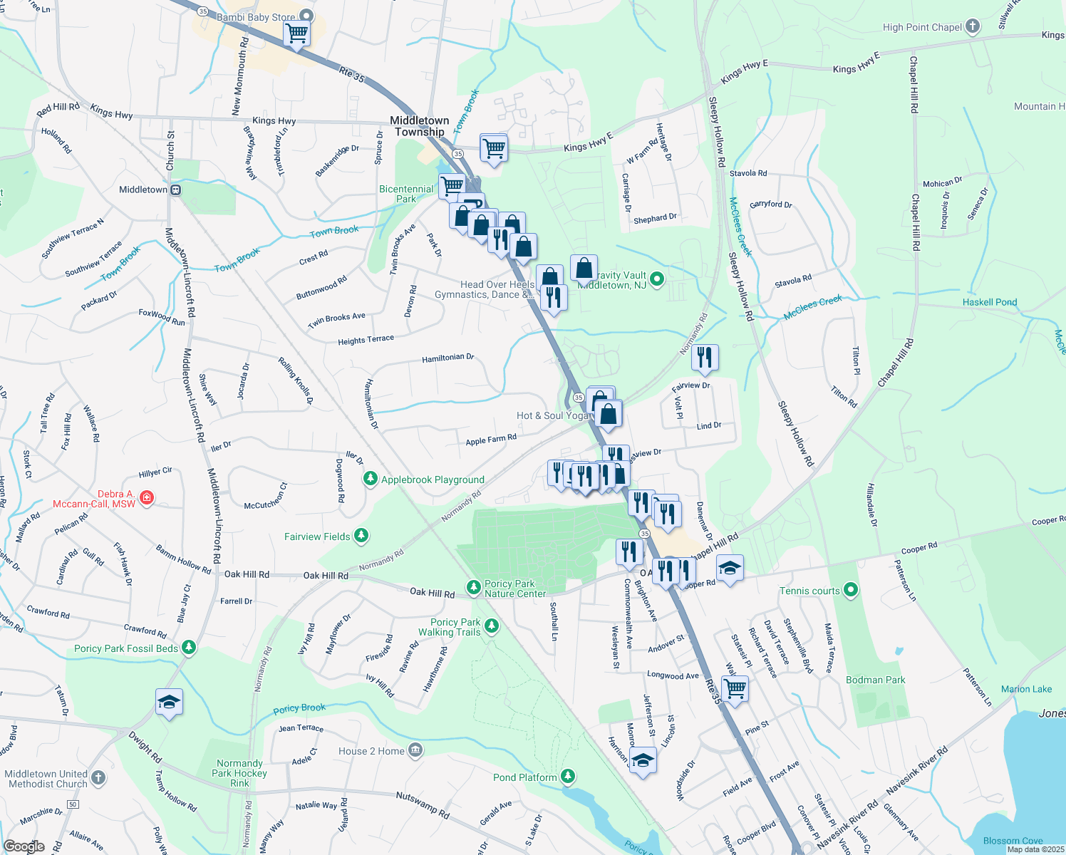 map of restaurants, bars, coffee shops, grocery stores, and more near 3 Apple Farm Rd in Red Bank