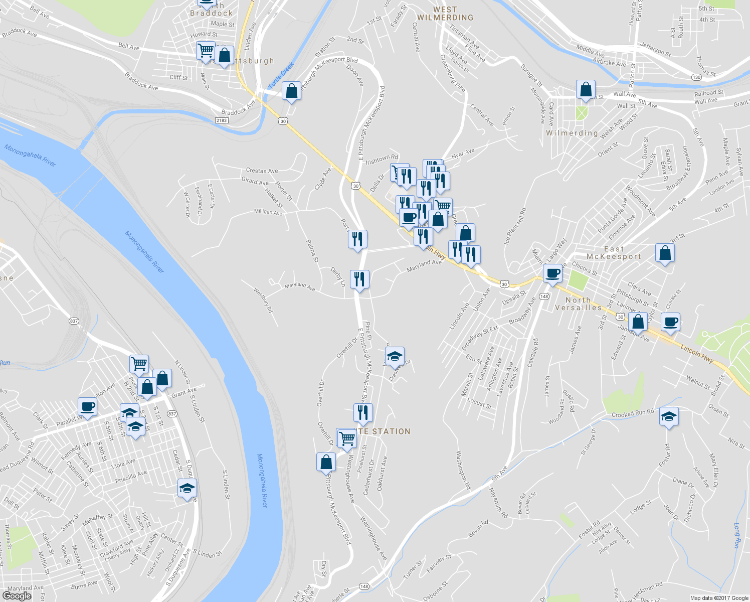 map of restaurants, bars, coffee shops, grocery stores, and more near 848 Lynda Lane in North Versailles