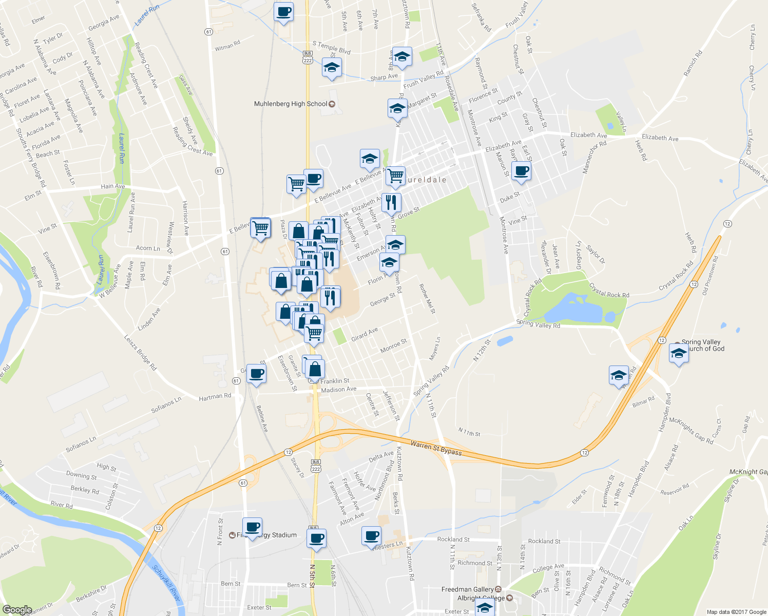 map of restaurants, bars, coffee shops, grocery stores, and more near 3000 Kutztown Road in Reading