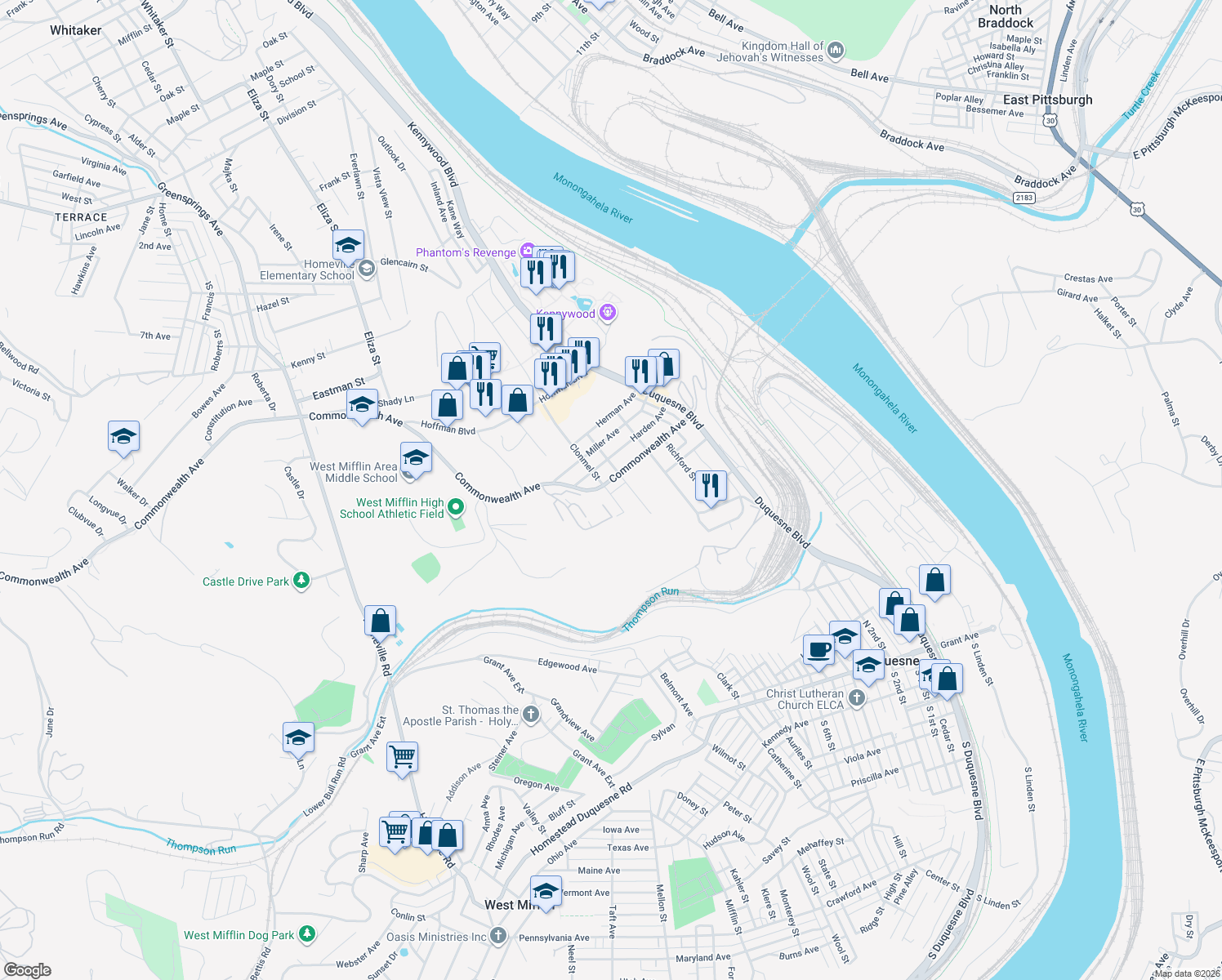 map of restaurants, bars, coffee shops, grocery stores, and more near 317 Commonwealth Avenue in Duquesne