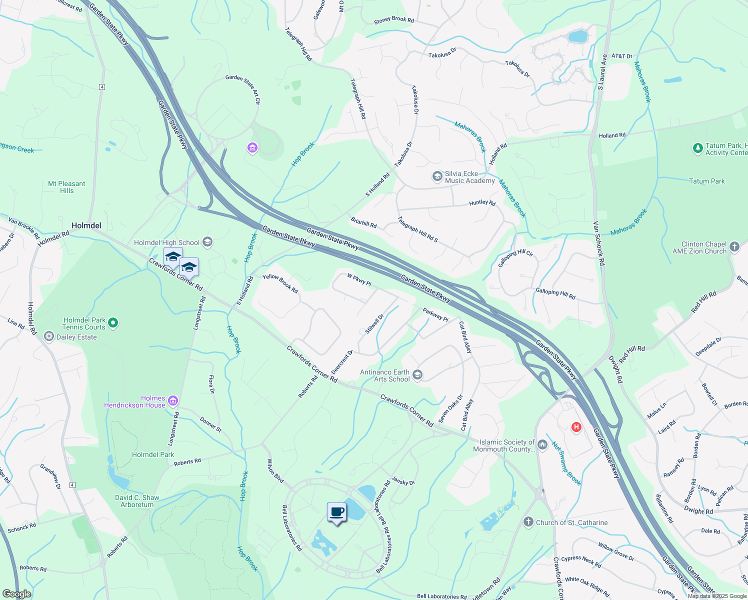 map of restaurants, bars, coffee shops, grocery stores, and more near 4 Stonehenge Drive in Holmdel