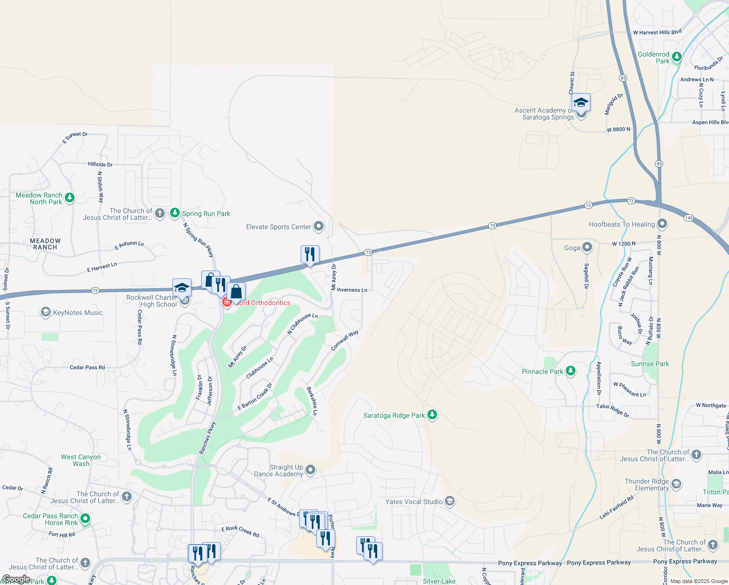 map of restaurants, bars, coffee shops, grocery stores, and more near 9242 Cornwall Way in Eagle Mountain