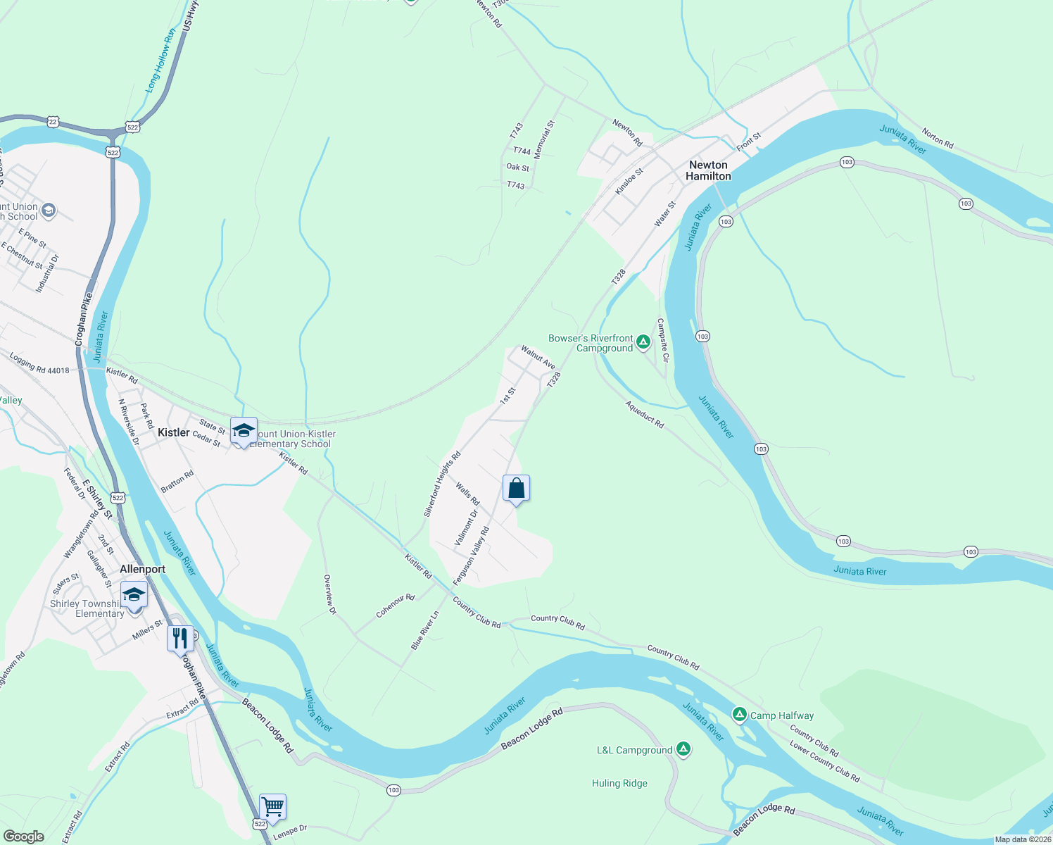 map of restaurants, bars, coffee shops, grocery stores, and more near Ferguson Valley Road in Mifflin County
