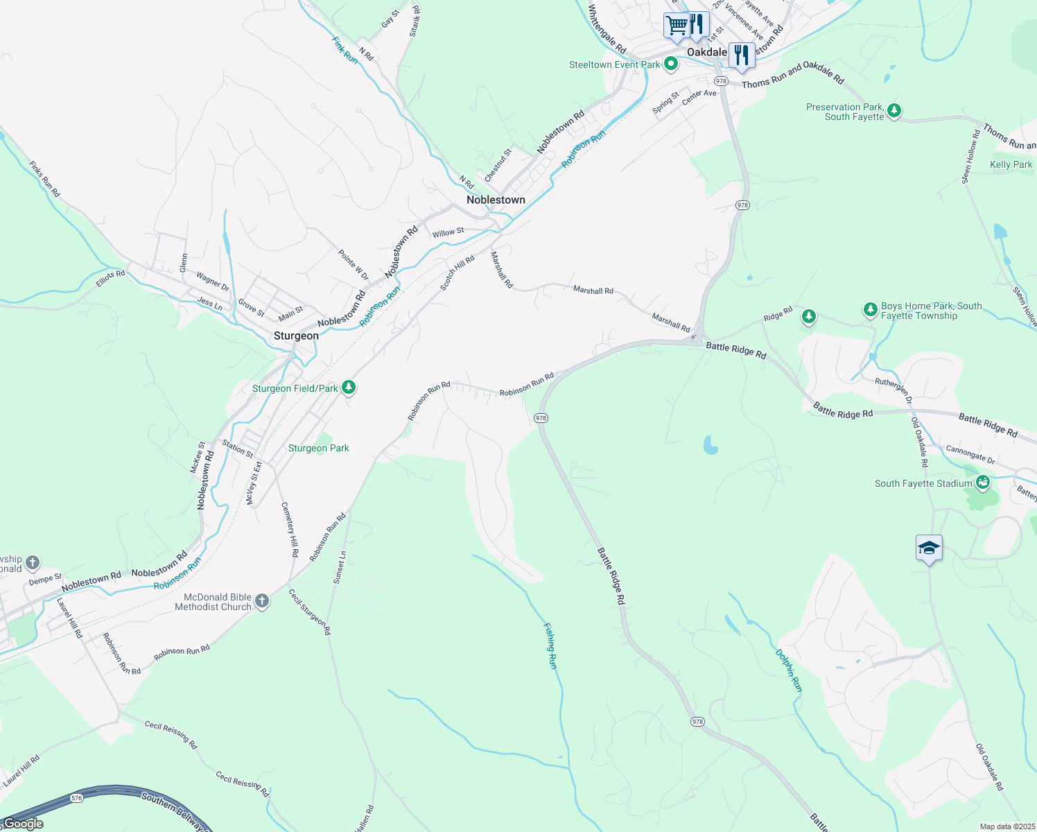 map of restaurants, bars, coffee shops, grocery stores, and more near 3107 Robinson Run Road in McDonald
