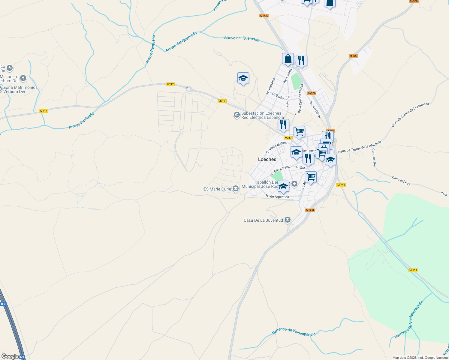 map of restaurants, bars, coffee shops, grocery stores, and more near 32 Calle Romero in Loeches