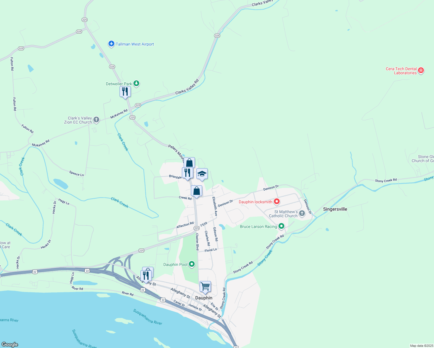 map of restaurants, bars, coffee shops, grocery stores, and more near 170 Landshill Lane in Dauphin