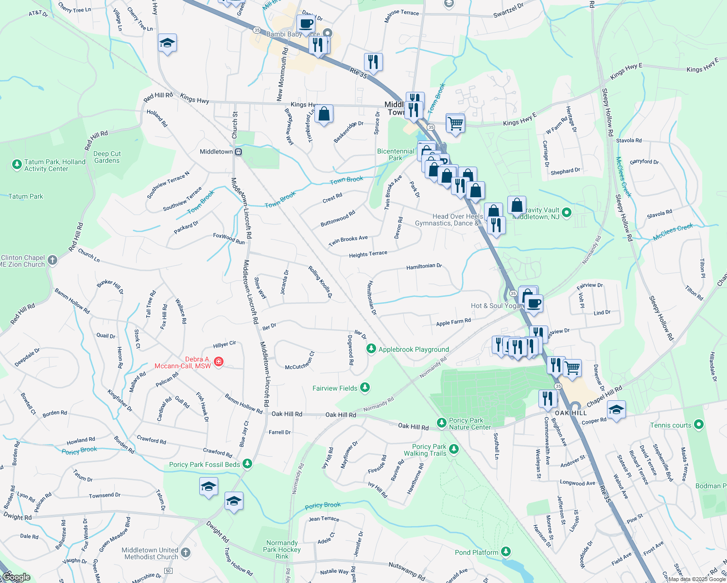 map of restaurants, bars, coffee shops, grocery stores, and more near 243 Hamiltonian Drive in Red Bank