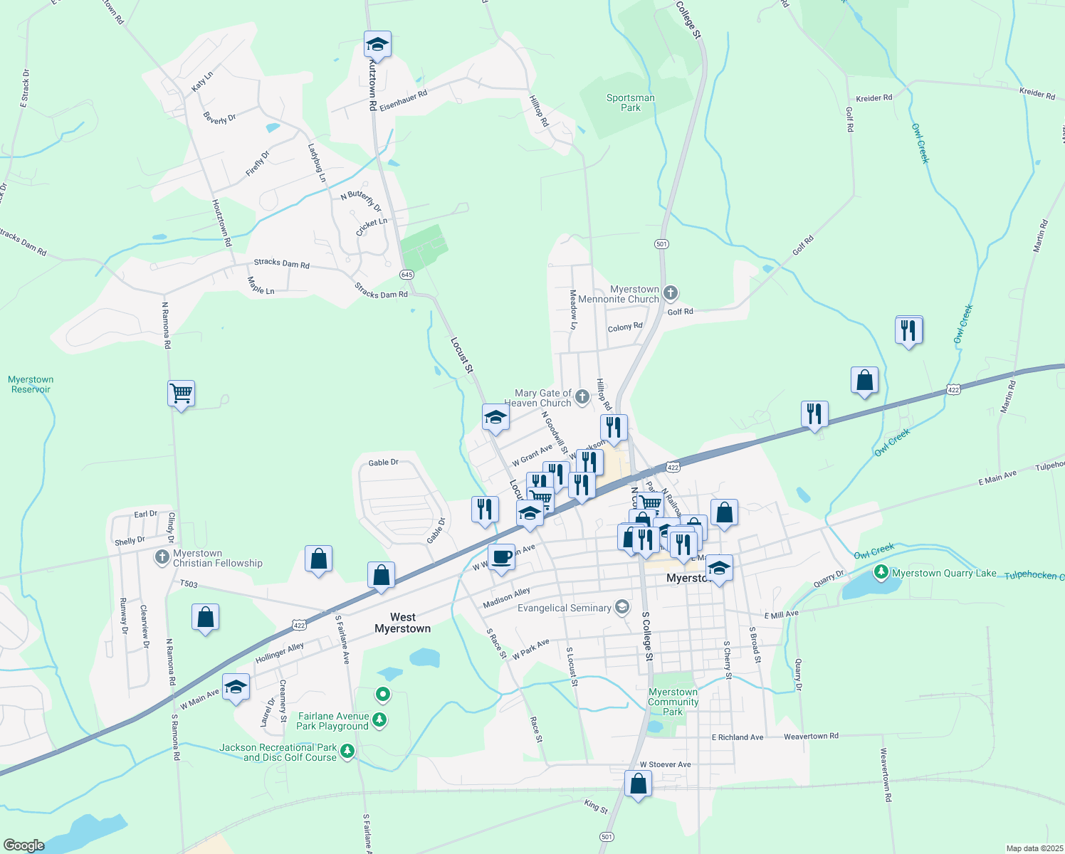 map of restaurants, bars, coffee shops, grocery stores, and more near 207 W Franklin Ave in Myerstown