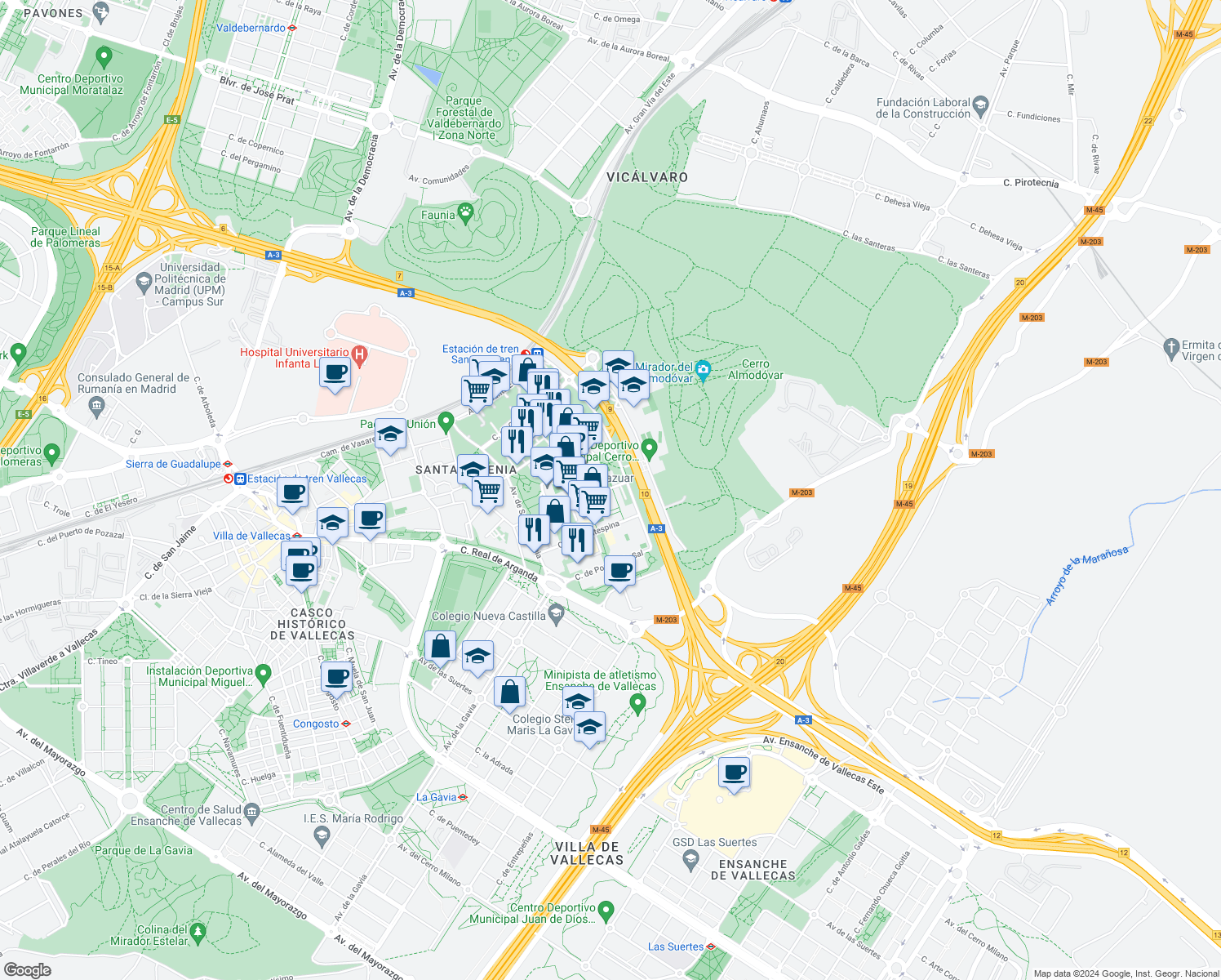 map of restaurants, bars, coffee shops, grocery stores, and more near 3A Calle Virgen de las Viñas in Madrid