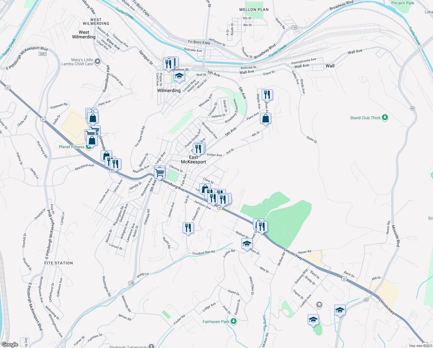map of restaurants, bars, coffee shops, grocery stores, and more near 805 Joseph St in North Versailles