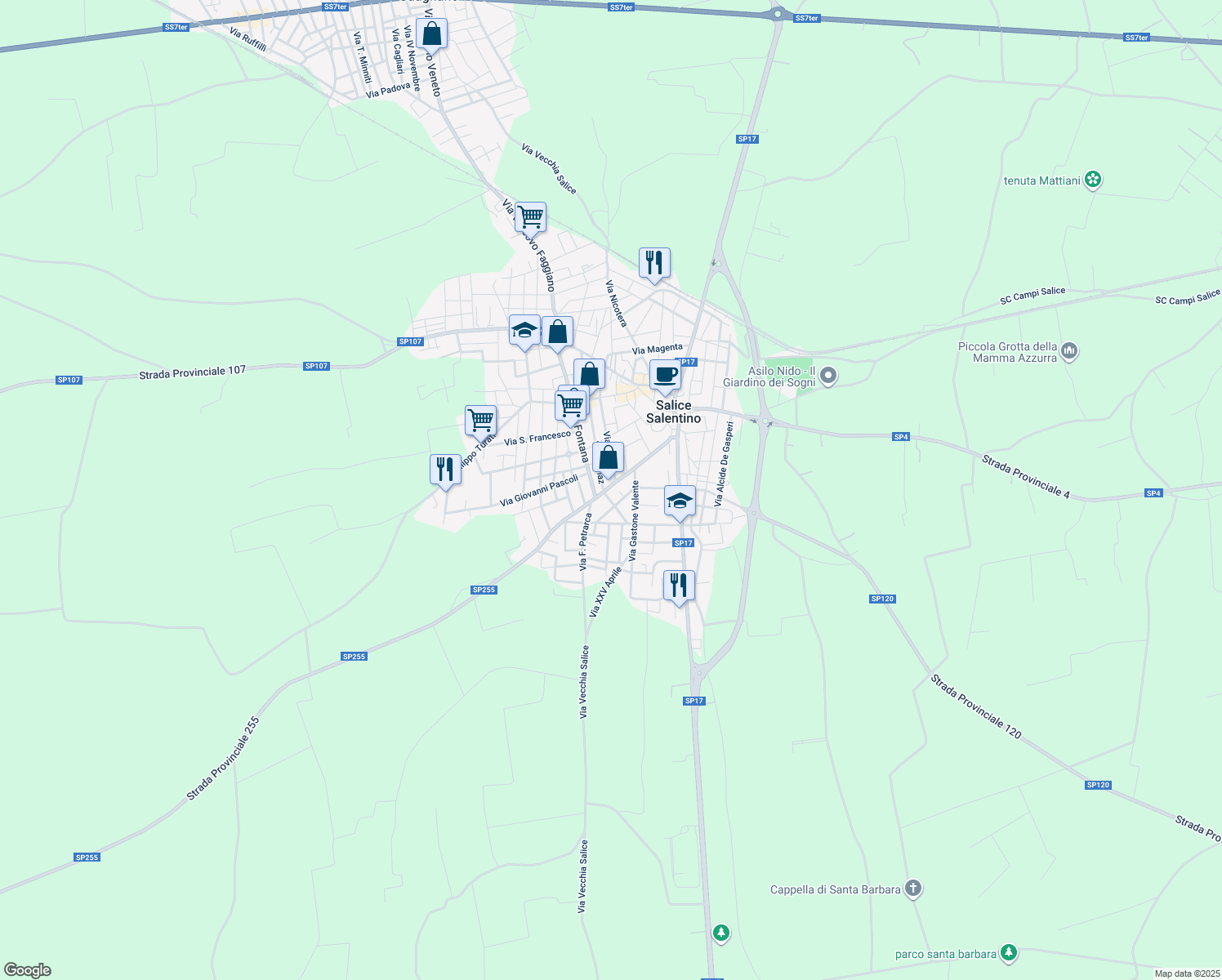 map of restaurants, bars, coffee shops, grocery stores, and more near 71 Via Cairoli in Salice Salentino