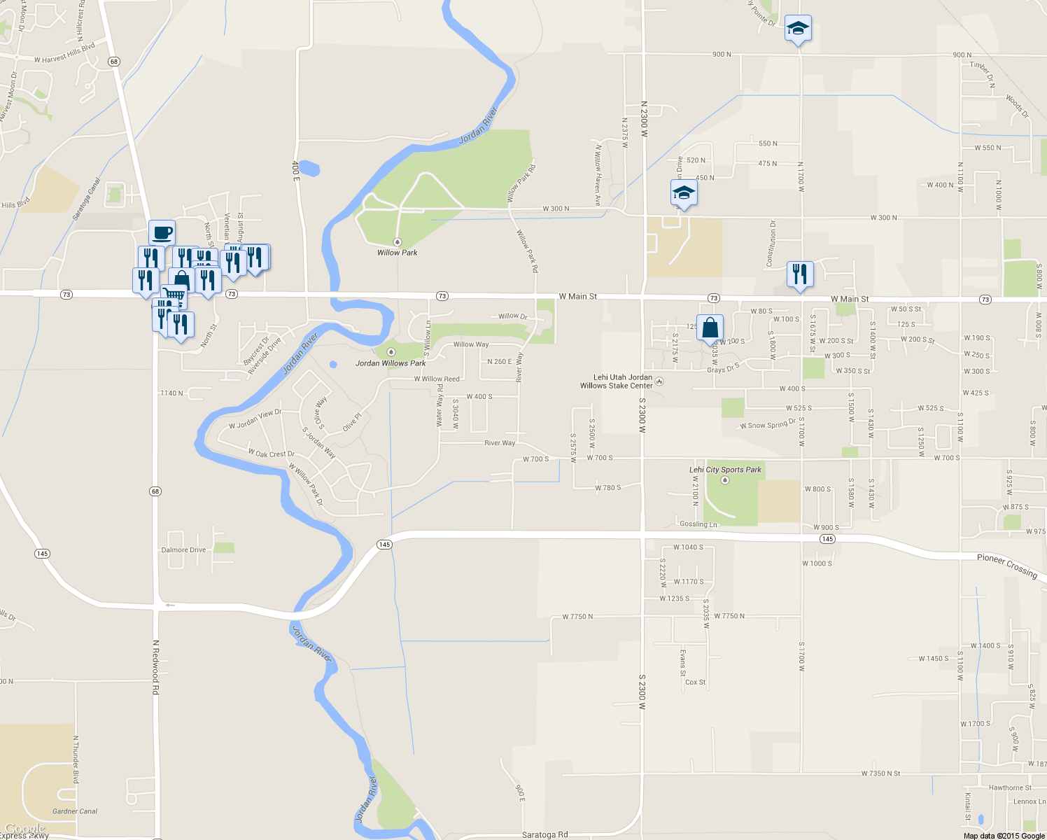 map of restaurants, bars, coffee shops, grocery stores, and more near 515 River Way in Lehi