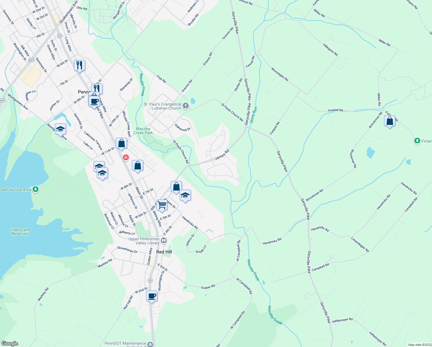 map of restaurants, bars, coffee shops, grocery stores, and more near 1102 Burgundy Circle in Pennsburg