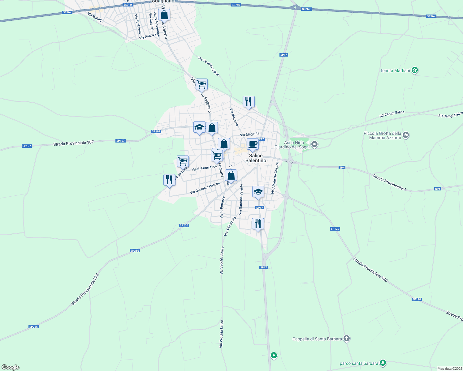 map of restaurants, bars, coffee shops, grocery stores, and more near 71 Via Benedetto Cairoli in Salice Salentino