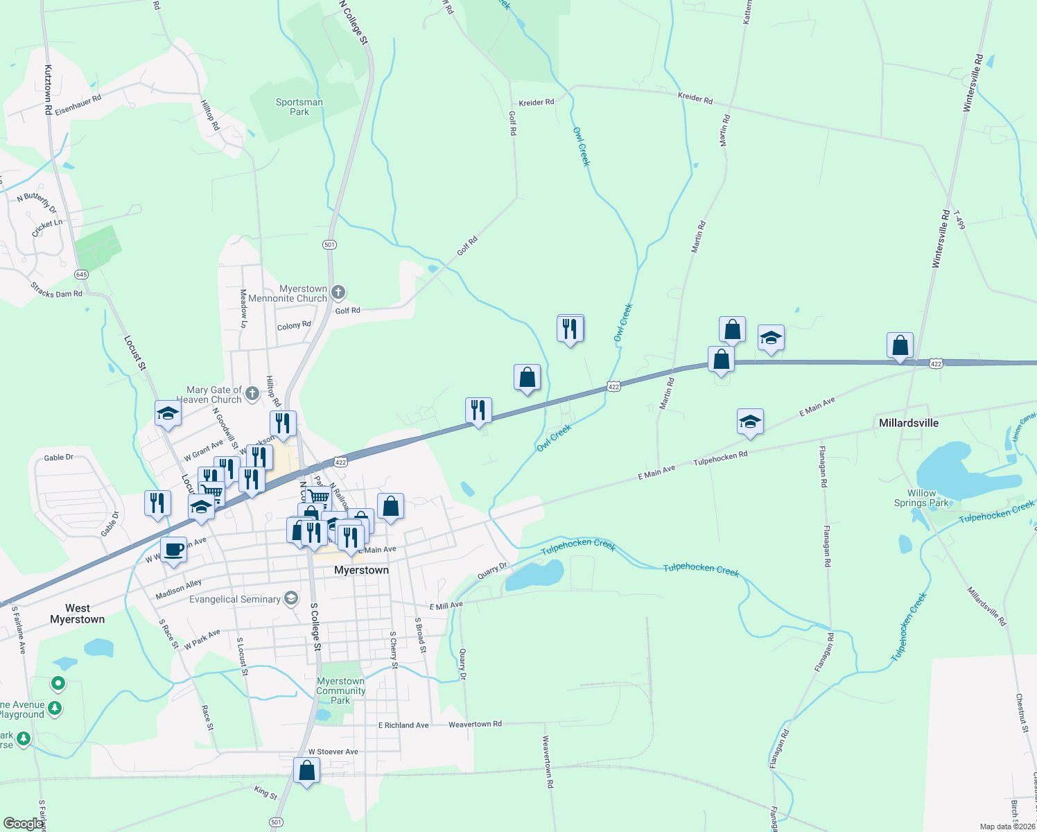 map of restaurants, bars, coffee shops, grocery stores, and more near 542 E Lincoln Ave in Myerstown